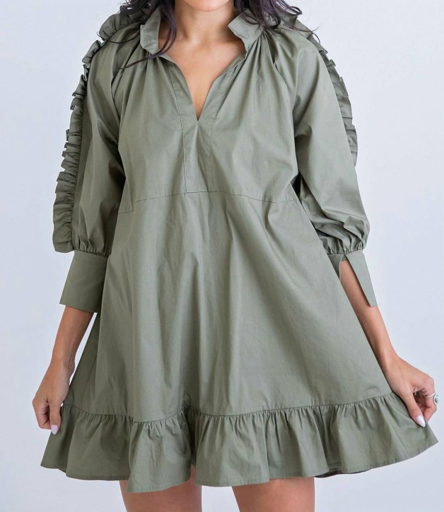 * | Karlie Women Solid Poplin Ruffle Sleeve Dress In Olive