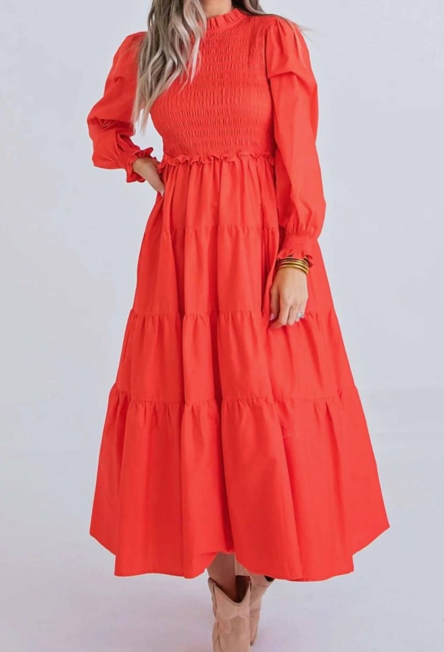 * | Karlie Women Patricia Poplin Smock Tier Maxi Dress In Red