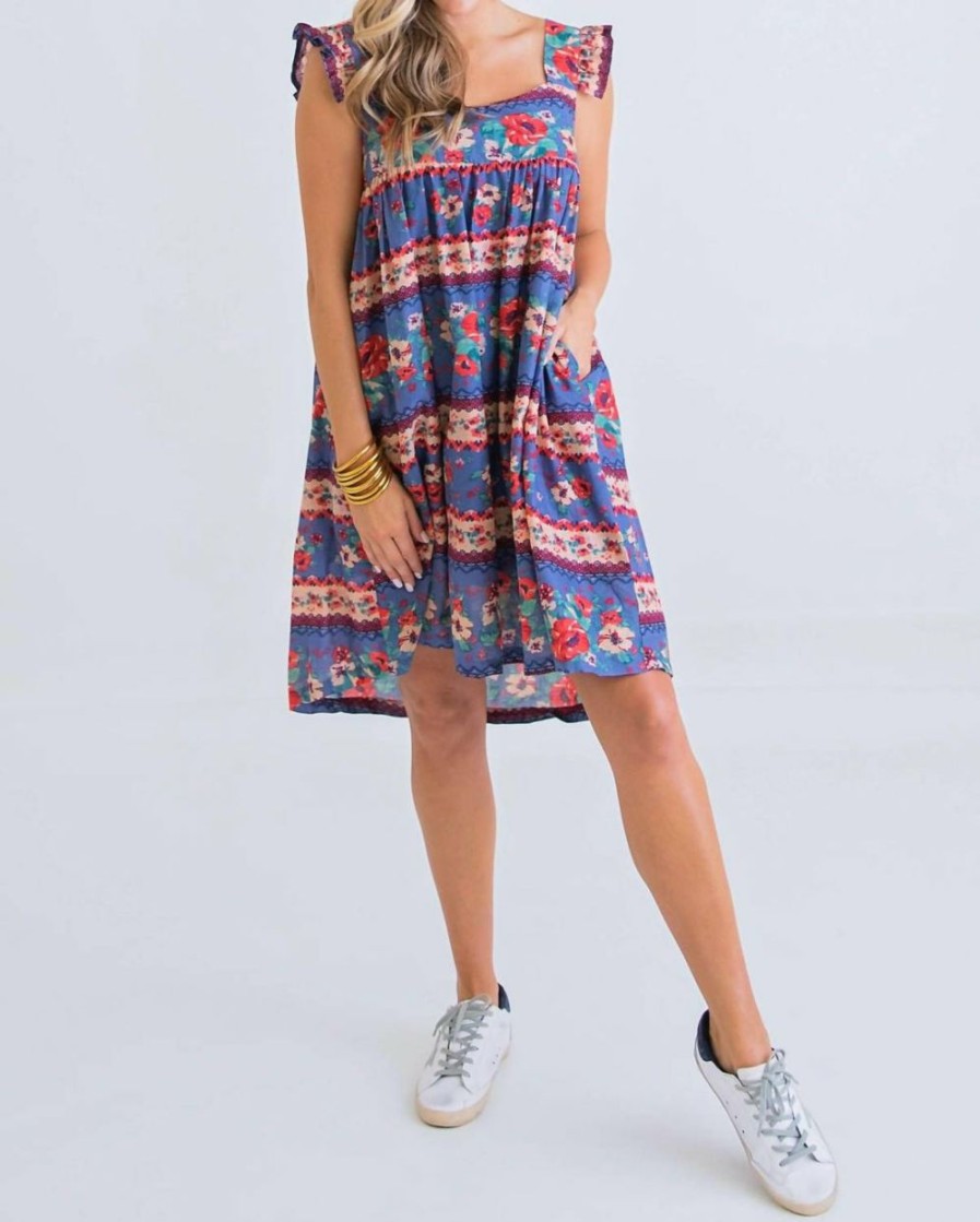 * | Karlie Women Floral Vintage Ruffle Tank Dress In Denim Blue