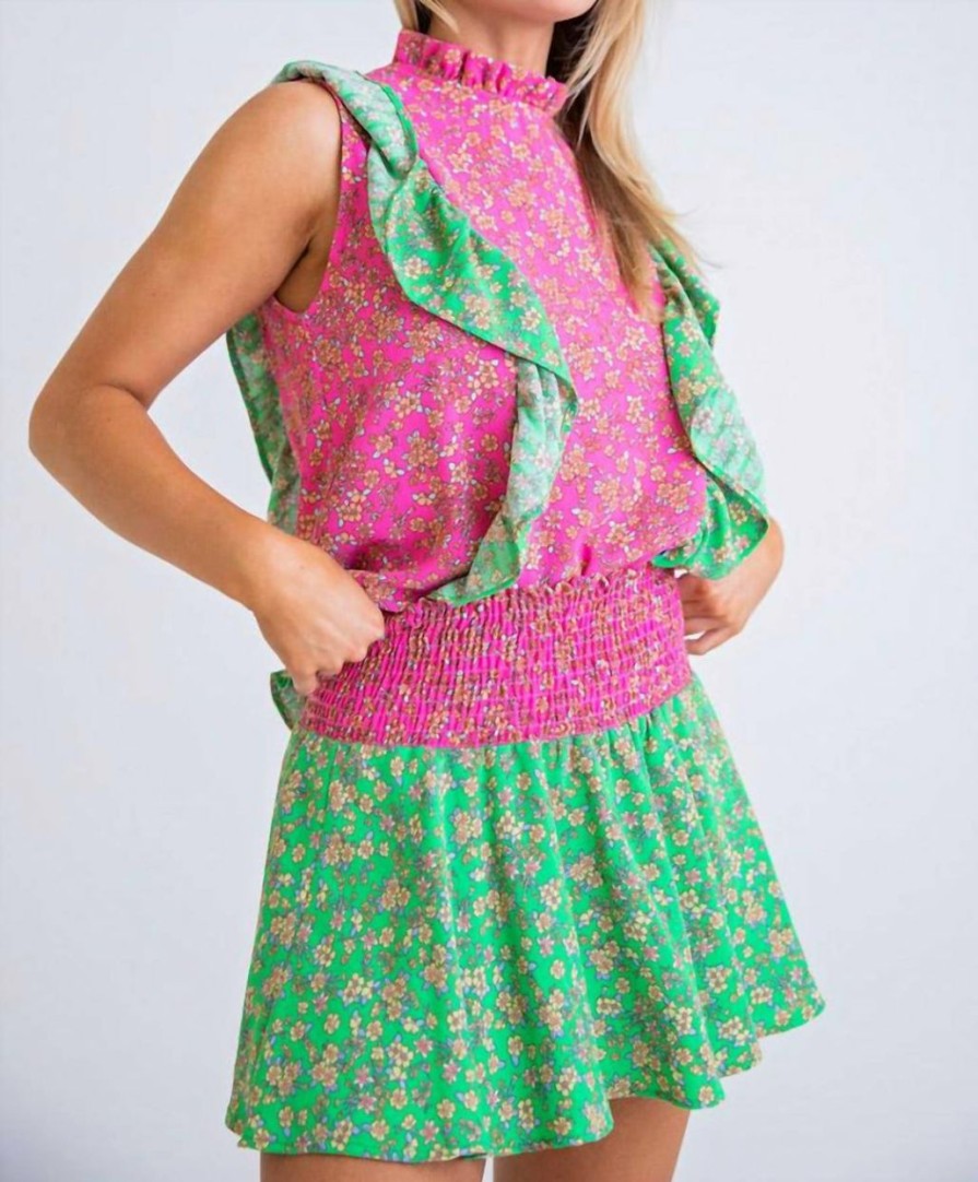 * | Karlie Women Floral Vintage Ditzy Ruffle Top In Pink/Green