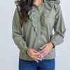 * | Karlie Women Poplin Ruffle Button Up Shirt In Olive