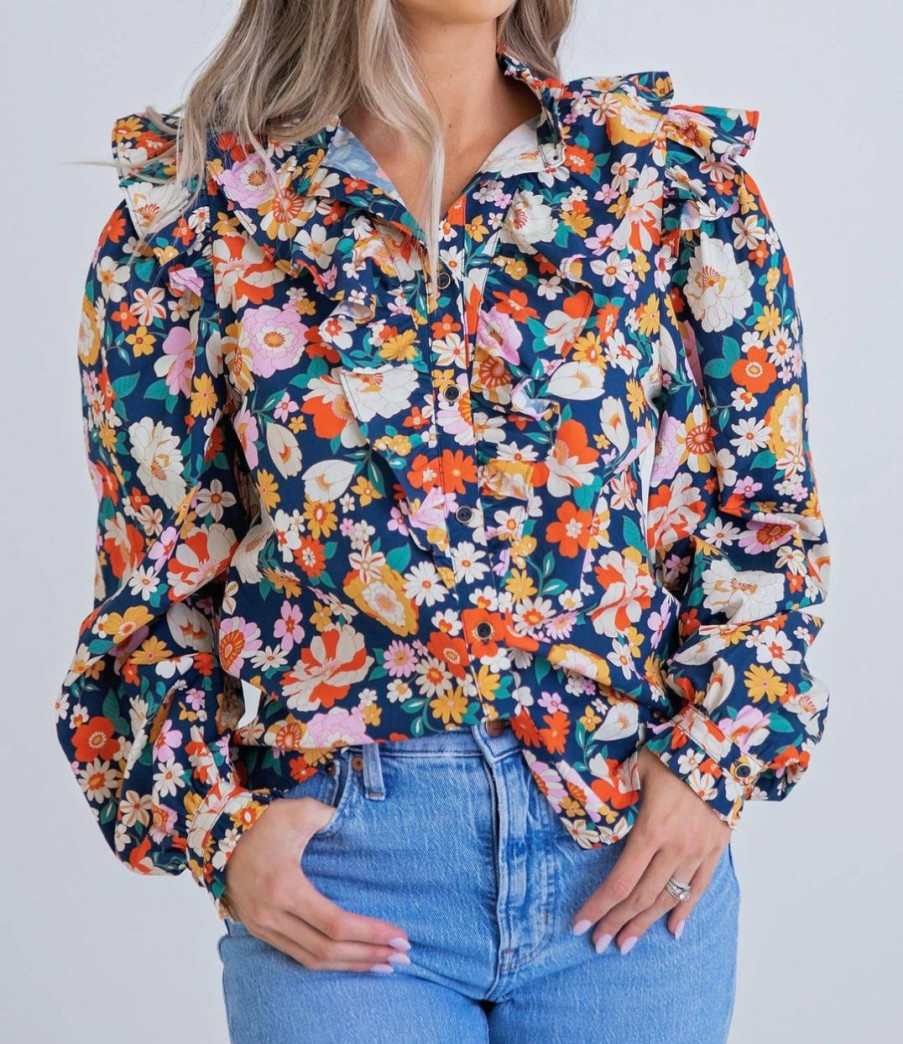 * | Karlie Women London Floral Button Up Shirt In Navy