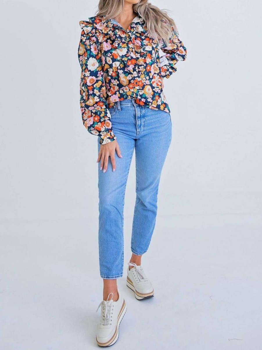 * | Karlie Women London Floral Button Up Shirt In Navy