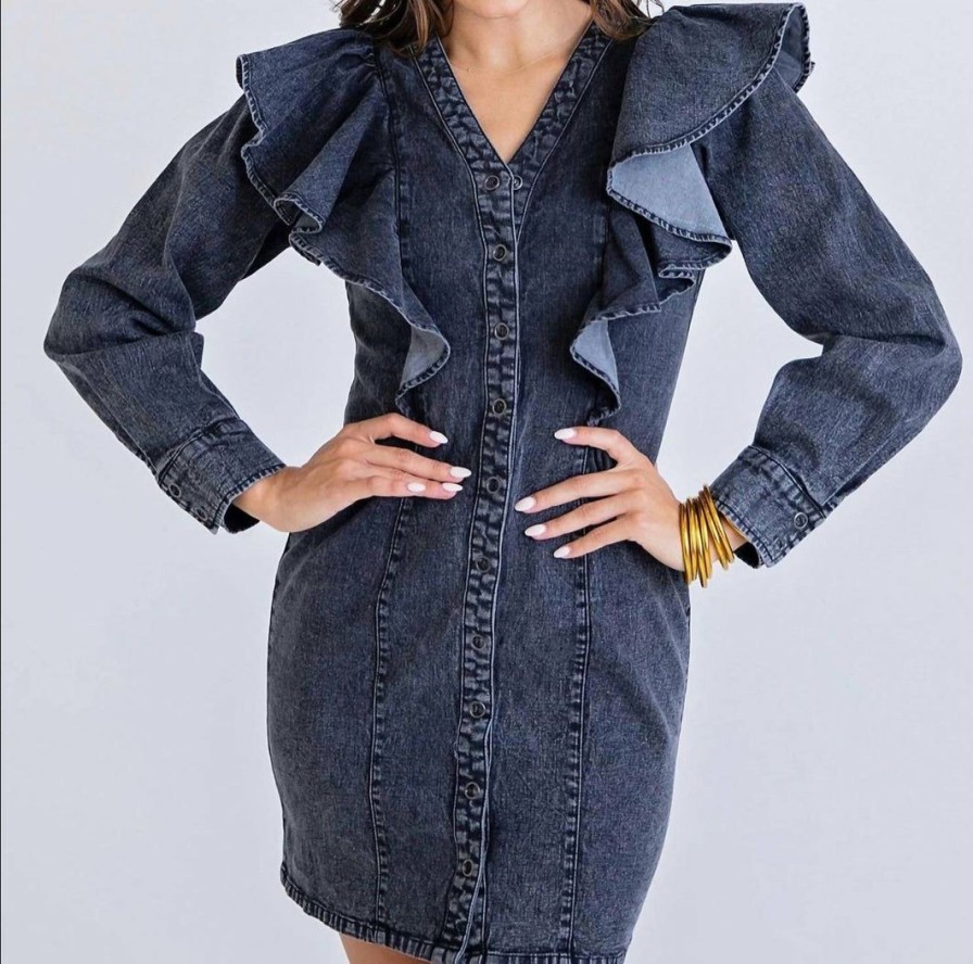 * | Karlie Women Ruffle Long Sleeve Dress In Denim Wash