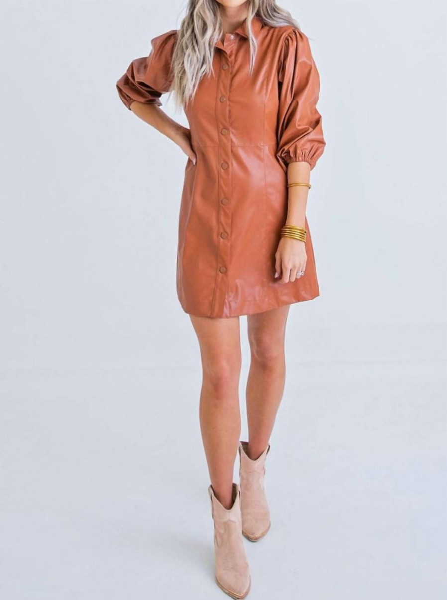 * | Karlie Women Solid Faux Leather Button Shirt Dress In Brown