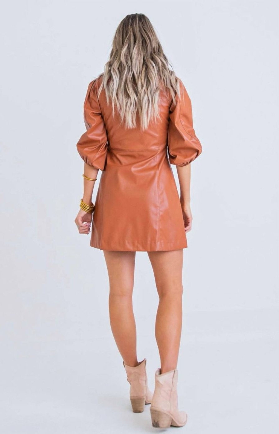 * | Karlie Women Solid Faux Leather Button Shirt Dress In Brown