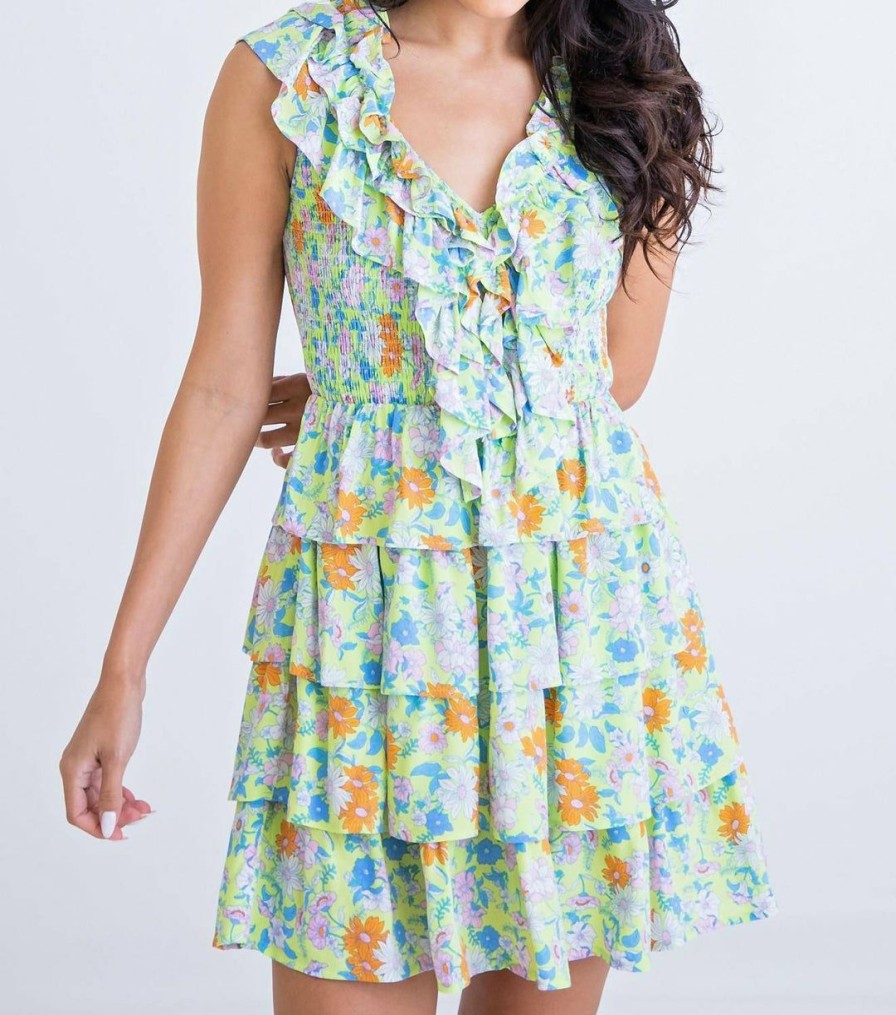 * | Karlie Women Floral Ruffle V Neck Smock Tier Dress In Lime