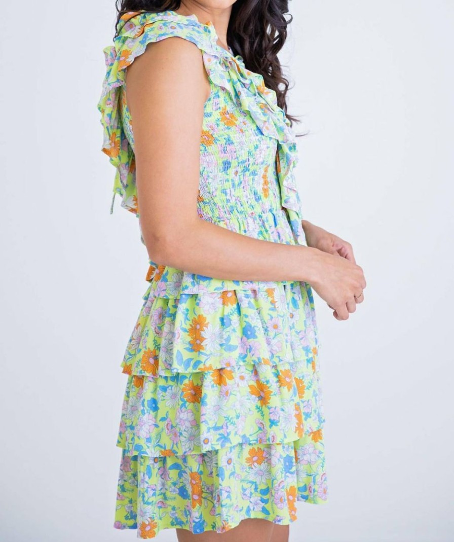 * | Karlie Women Floral Ruffle V Neck Smock Tier Dress In Lime